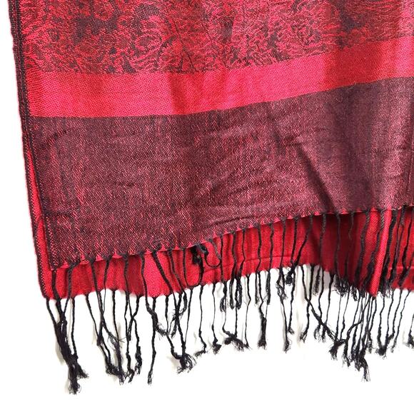 Cashmere & Silk Burgundy Red Pashmina Shawl Tassels Paisley Reversible Gorgeous - Picture 7 of 9